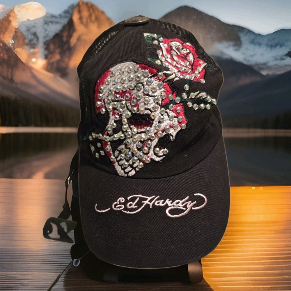 VTG Y2K Ed Hardy Rhinestones With Rose Love Kills Slowly Trucker Hat Snapback